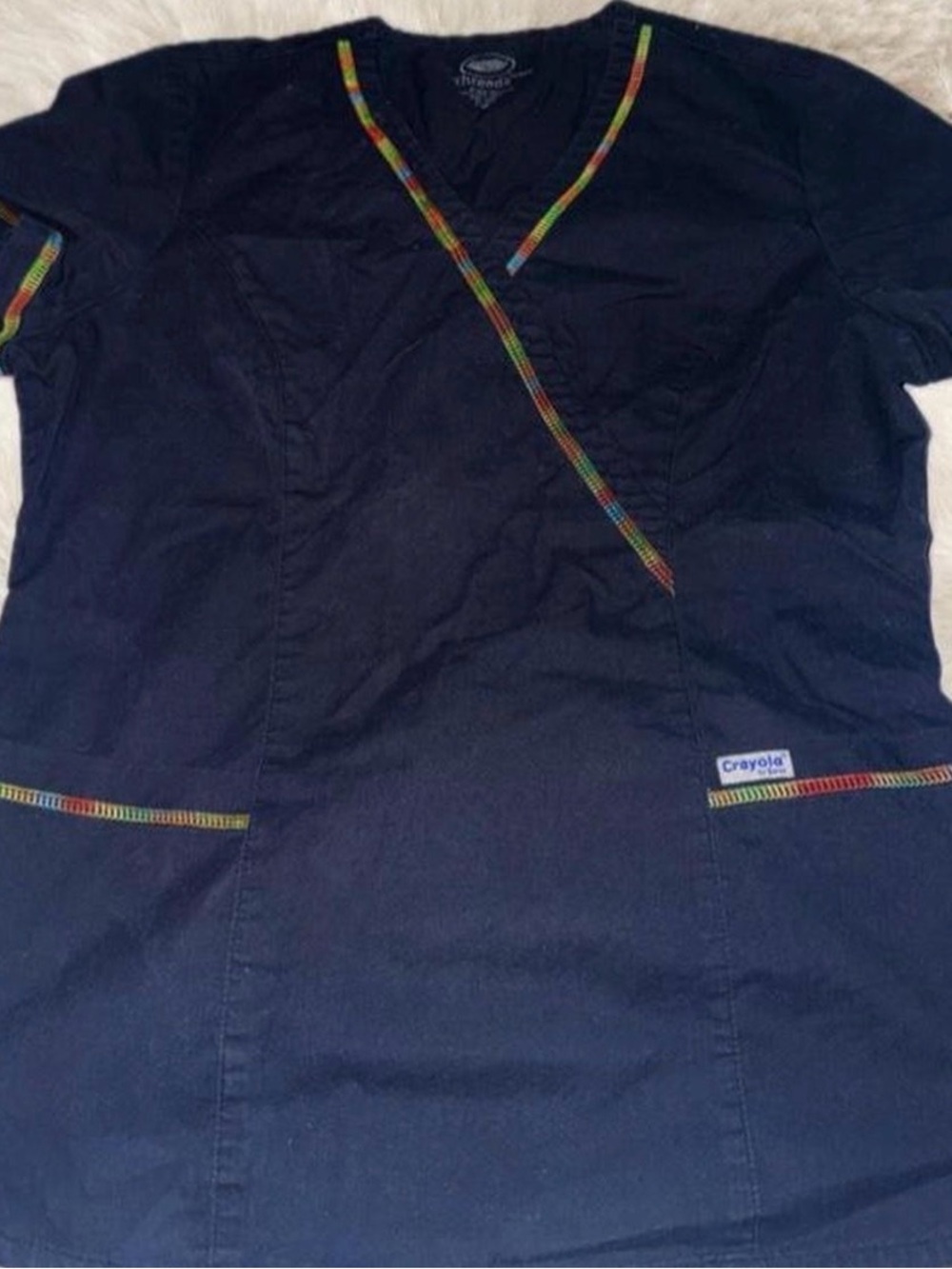 Crayola Black Scrub Top with Rainbow Trim, Size M, 2009 release, cinched waist